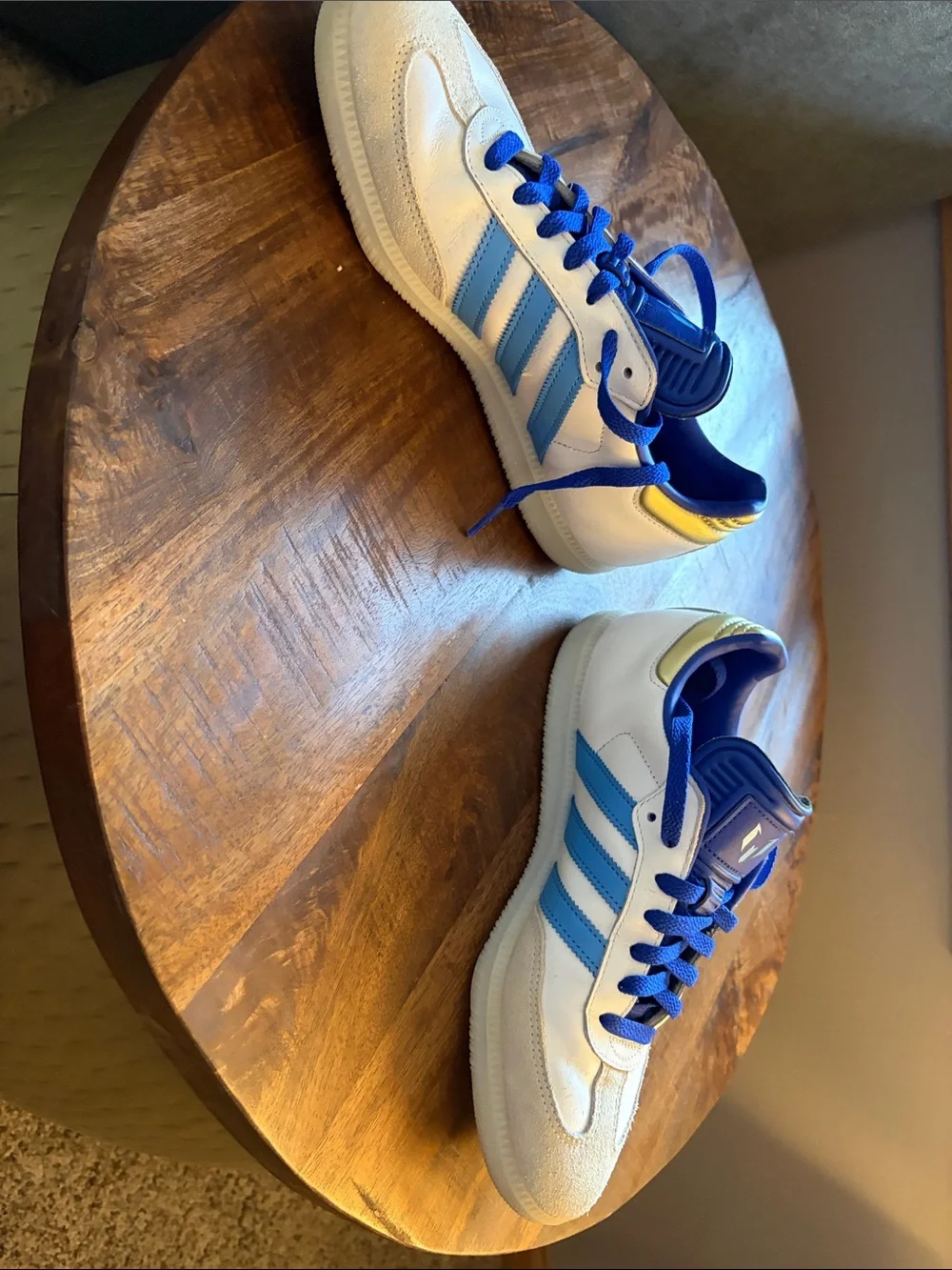 Lionel Messi Adidas Sambas. White & Blue Retro Sneakers with Blue Laces